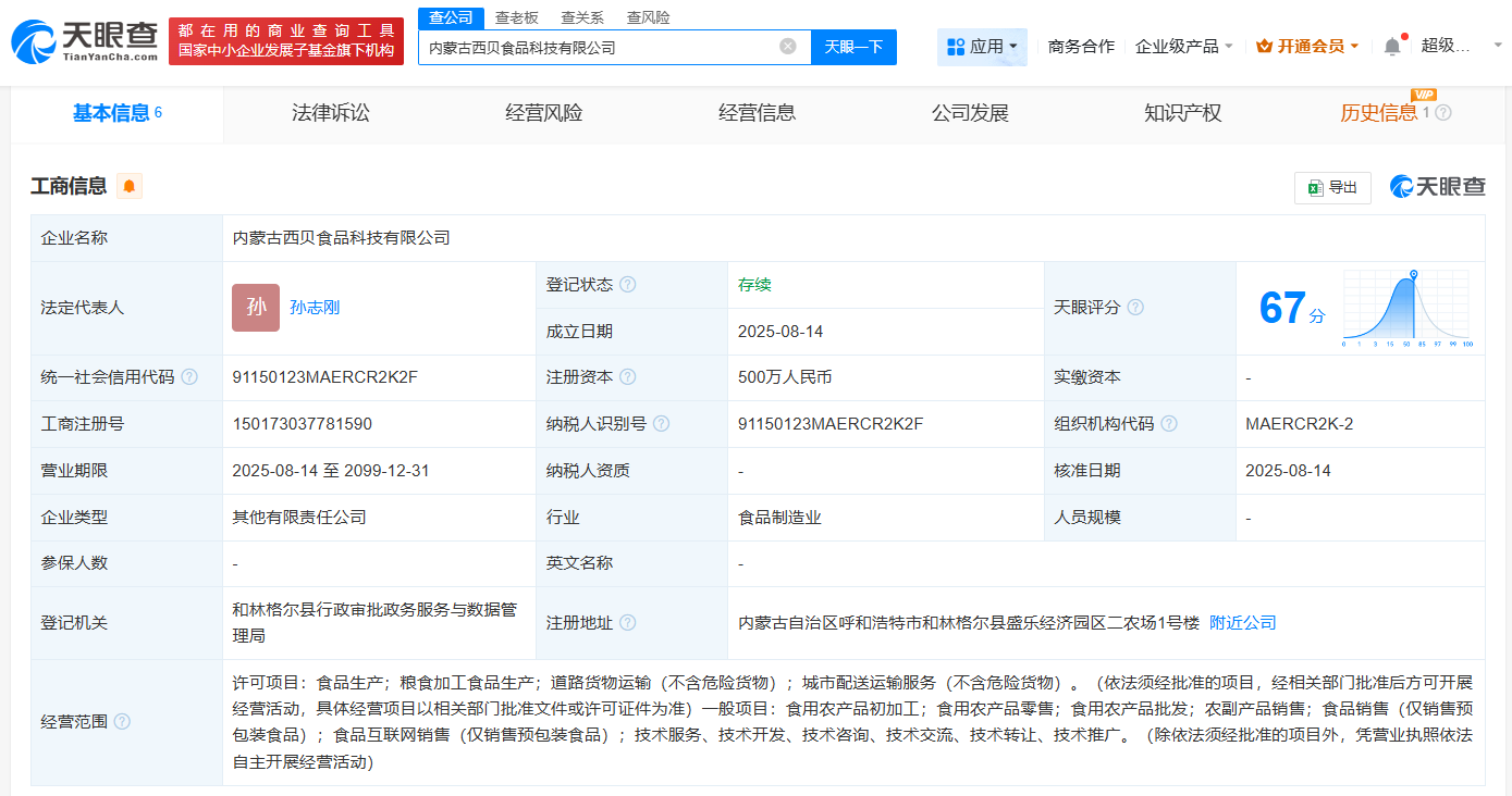 西贝等企业联手创立食品科技公司注册资本高达500万引关注(图1)