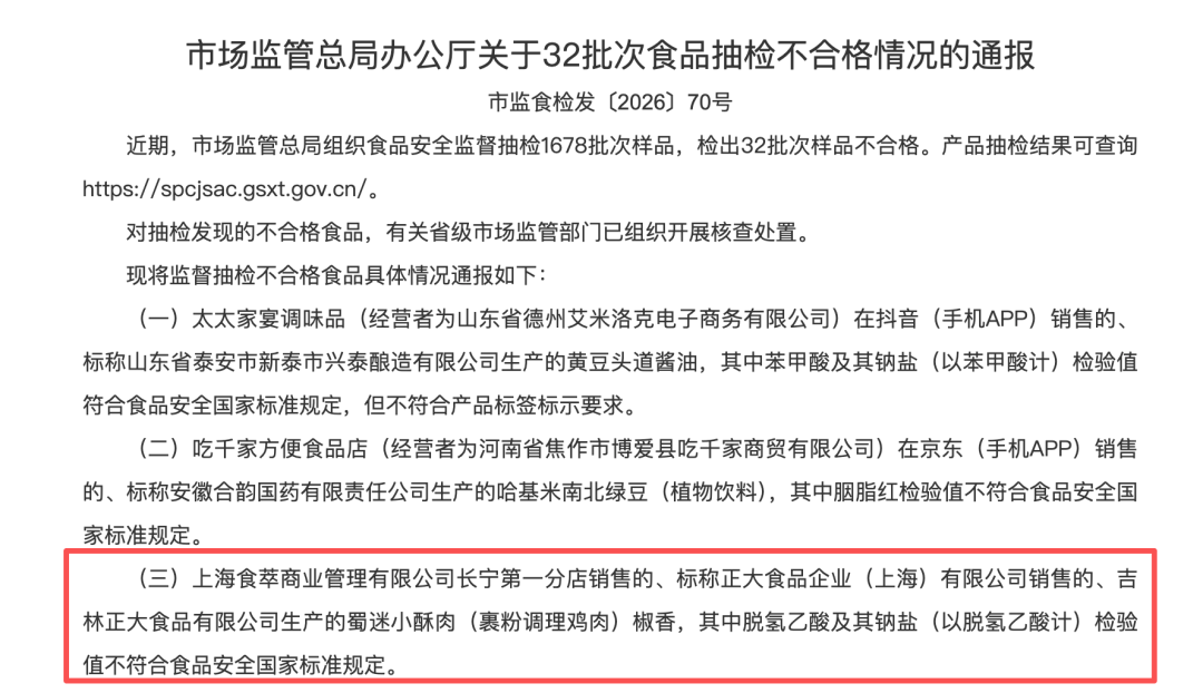 小酥肉检出禁用防腐剂“脱氢乙酸”正大食品被市场监管总局通报(图1)