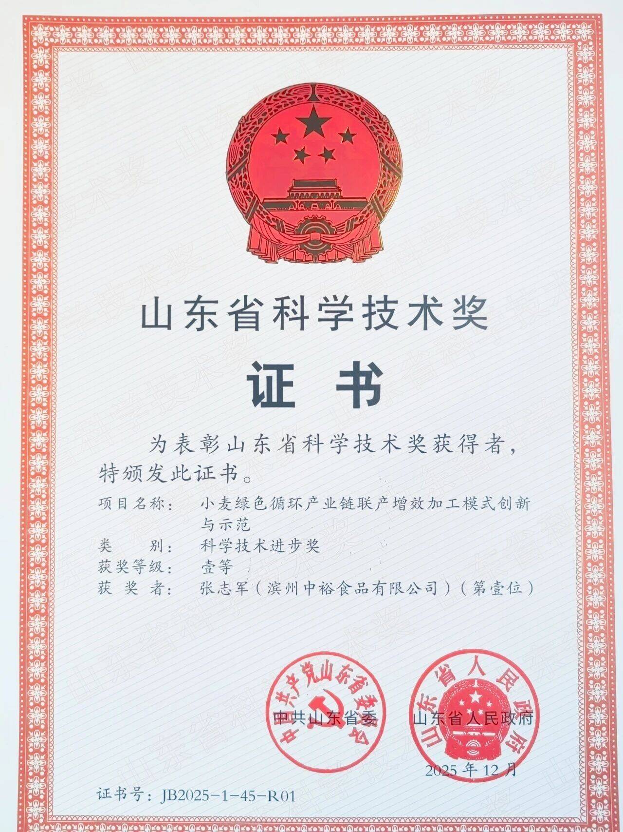 山东省科学技术进步奖一等奖！中裕食品“小麦绿色循环产业链联产增效加工模式创新与示范”项目获奖